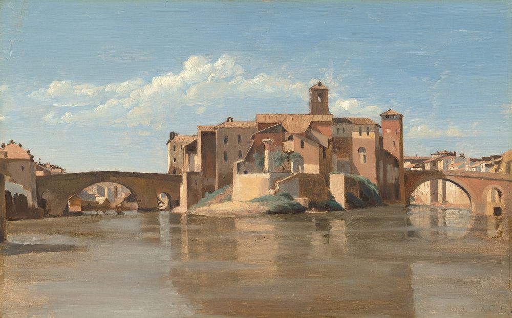 The Island and Bridge of San Bartolomeo, Rome (1825–1828) by Jean–Baptiste–Camille Corot.  