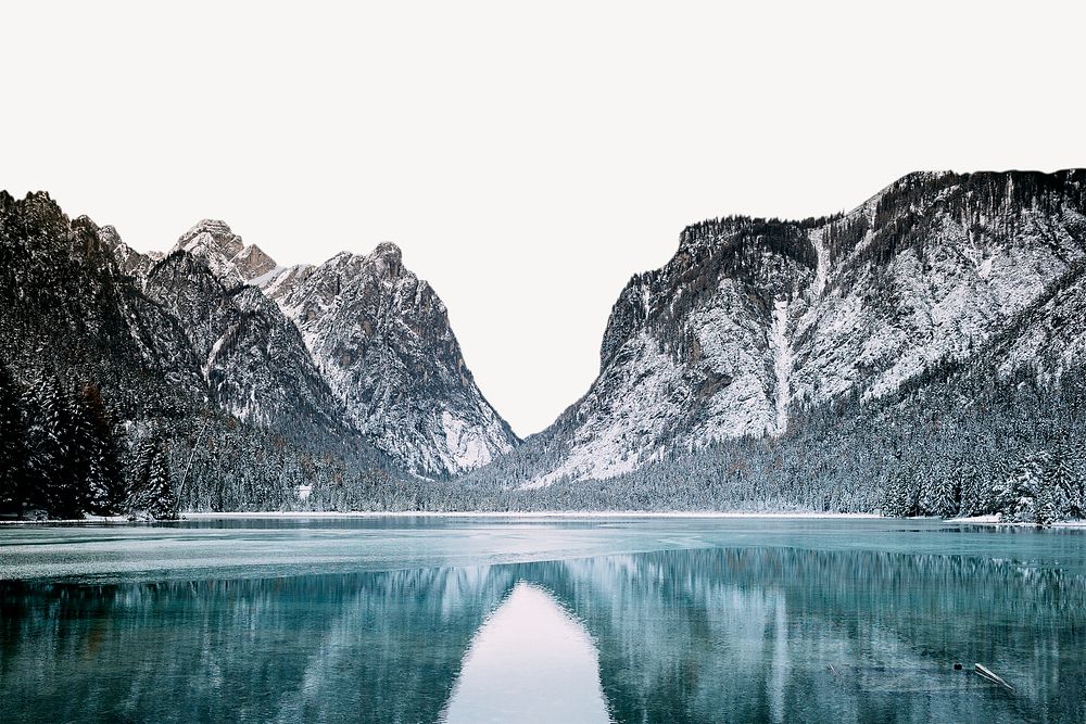 Winter lake mountain border, serene nature image psd