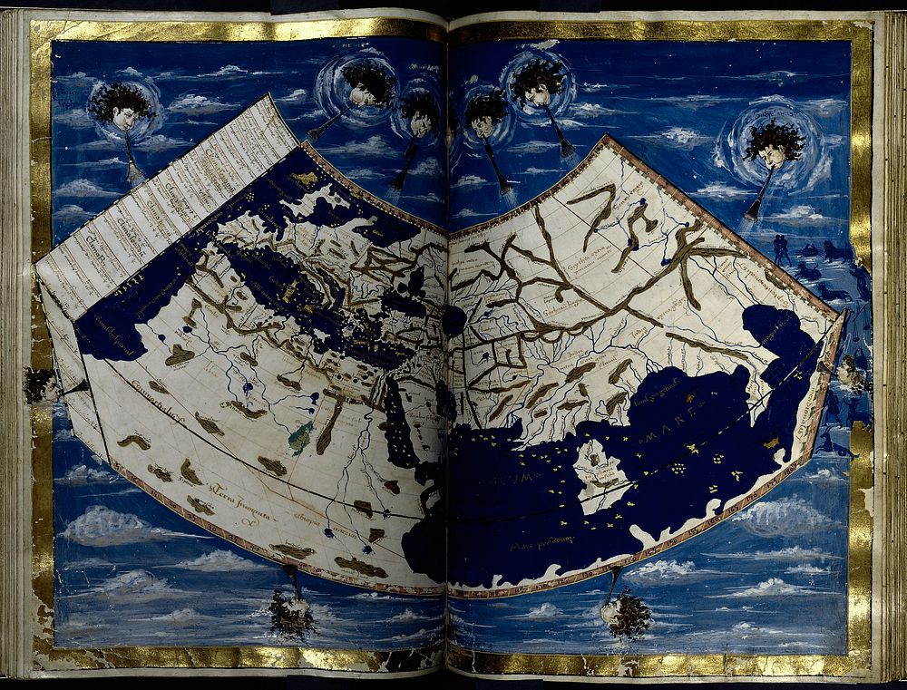 Map of Europe, Africa, the Mediterranean, and Asia. Personifications of the winds. Full gold border (1460) by Claudius…