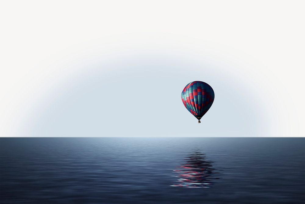 Hot air balloon border, over quiet ocean psd