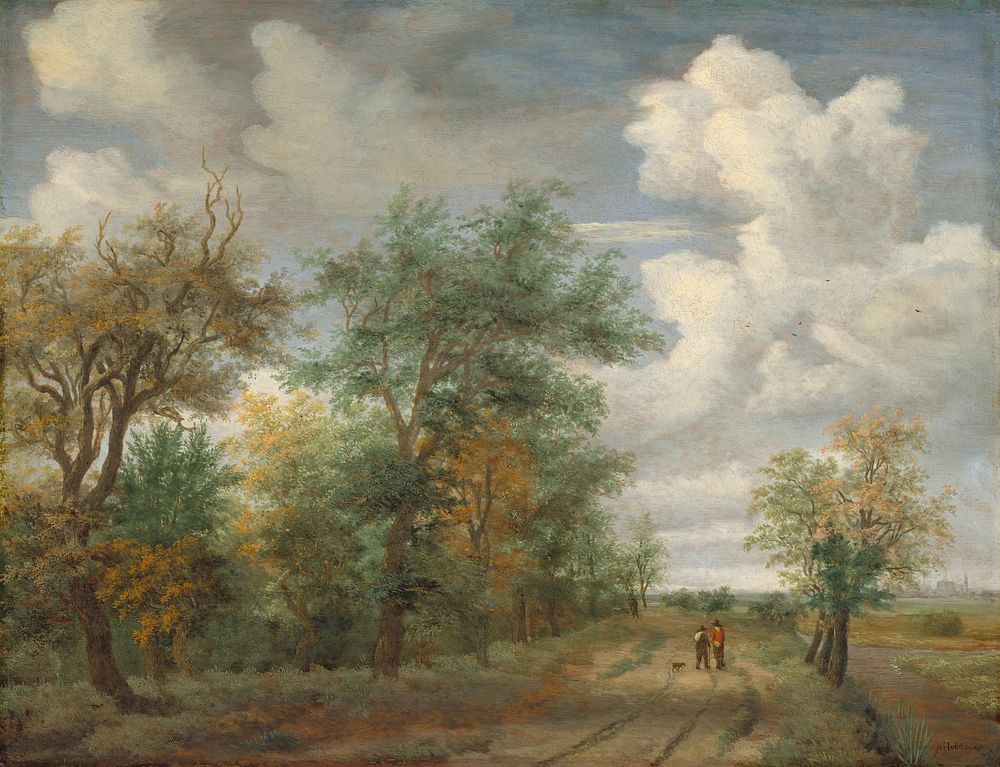 Wooded Landscape with Figures (ca. 1658) by Meindert Hobbema.  