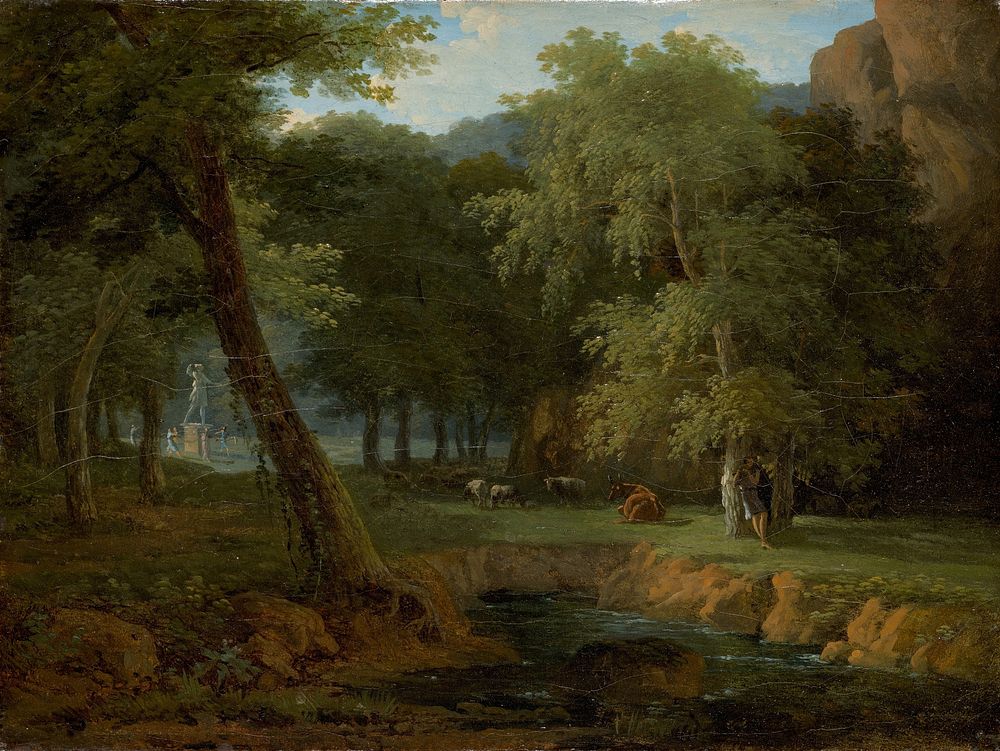 Woodland Scene with Nymphs and a Herm (ca. 1810) by Jean&ndash;Victor Bertin.  