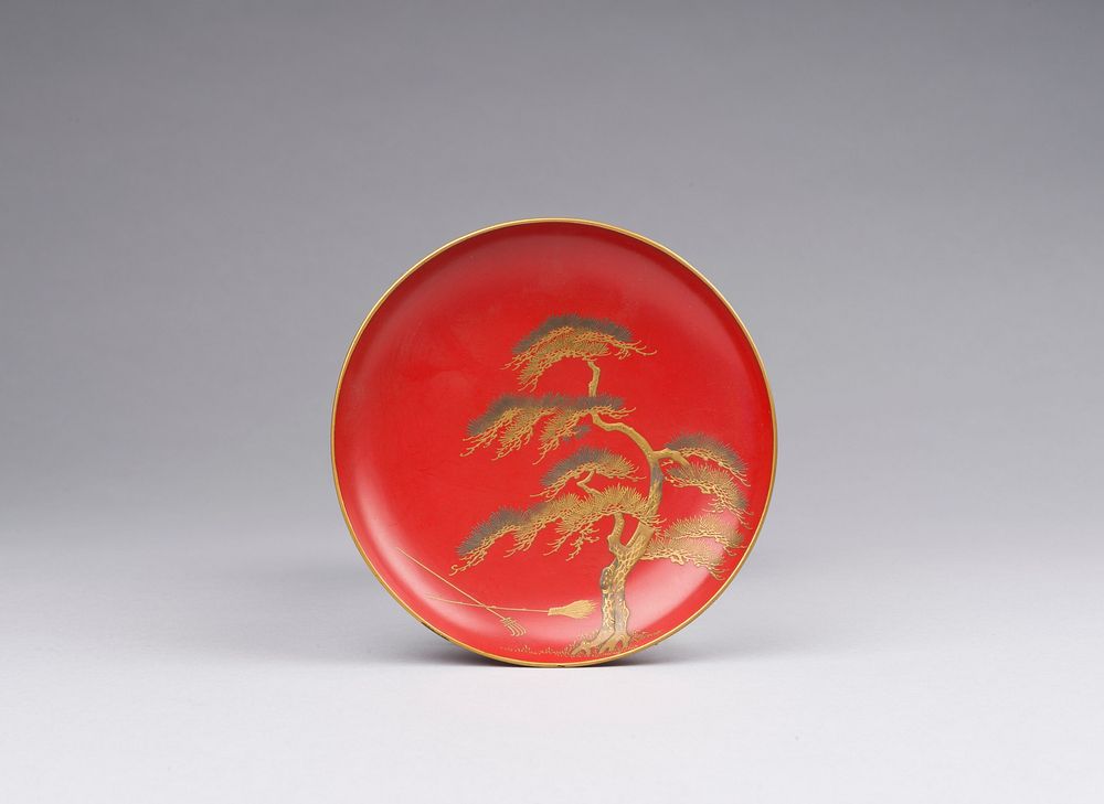 Sake Cup with Design of Twin Pines at Takasago Shrine (mid-19th century) lacquerware design in high resolution. 