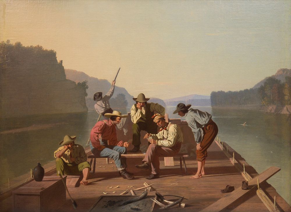 Raftsmen Playing Cards (1847) painting in high resolution by George Caleb Bingham. 