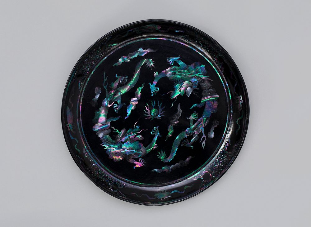 Dish with Design of Two Dragons Chasing a Flaming Pearl amidst Clouds (18th century) lacquerware in high resolution by…