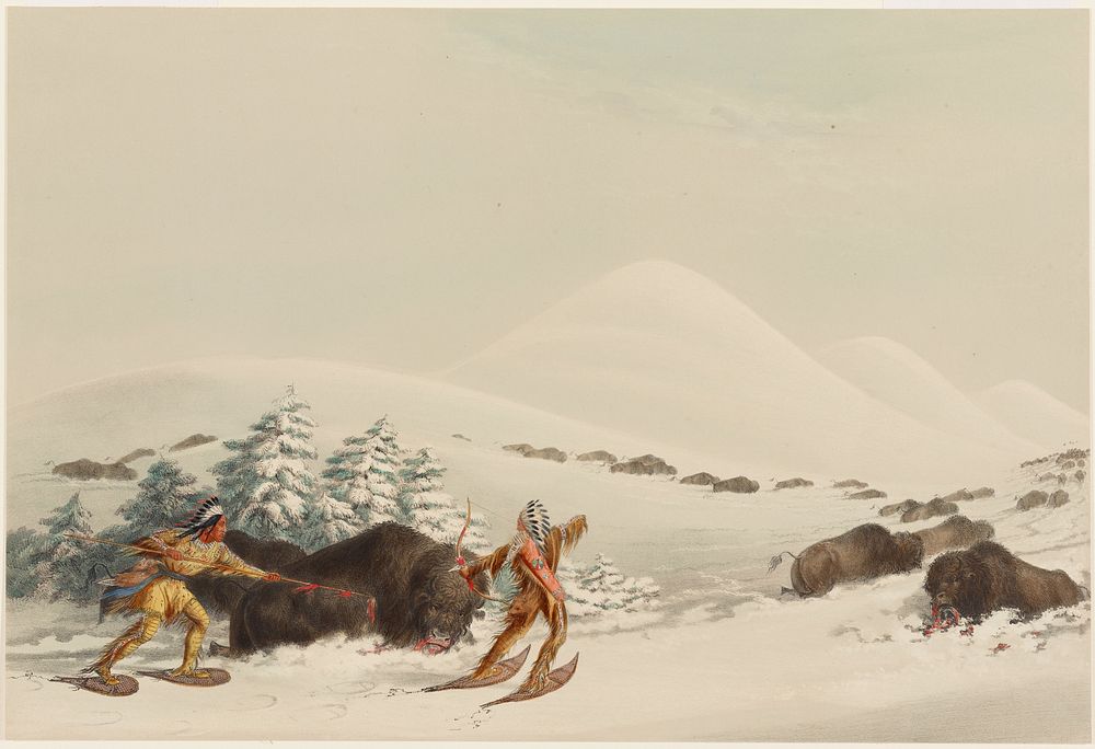 Buffalo Hunt, On Snow Shoes (1844) painting in high resolution by George Catlin.  