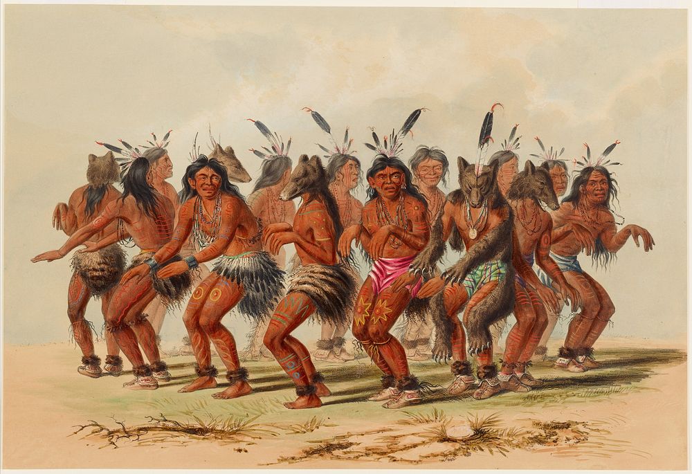 The Bear Dance (1844) painting in high resolution by George Catlin.  