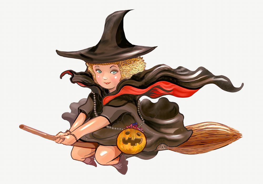 Witch on broom illustration, Halloween design 