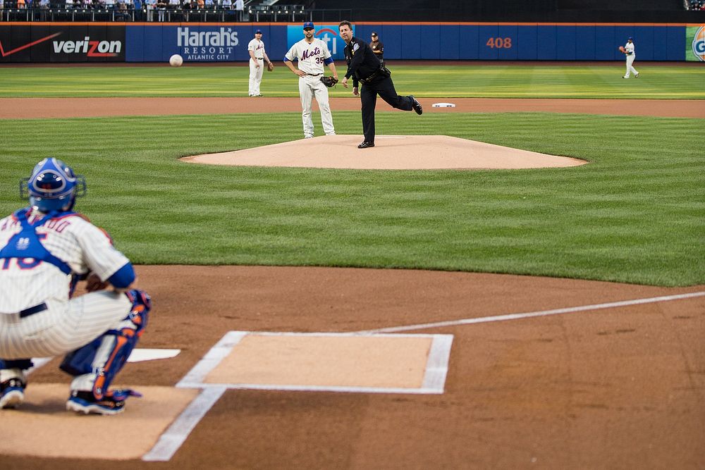 Acting OFO AC John Wagner Throws Out the First Pitch at Mets Game on 14 Aug 2014