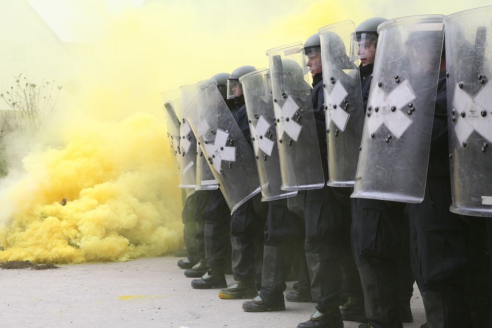 German soldiers form a crash line while conducting riot control training during the Kosovo Force (KFOR) 19 Mission Rehearsal…