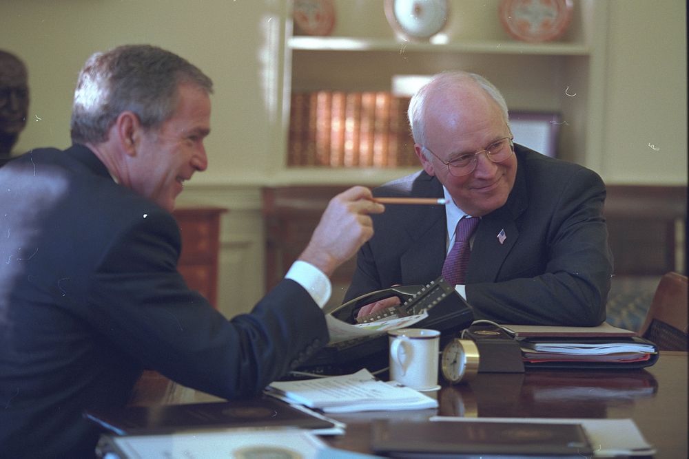 President Bush and Vice President Cheney in the Oval Office. Original public domain image from Flickr