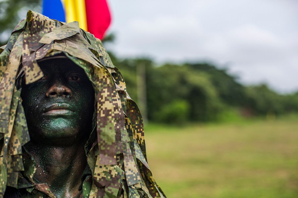 A scout sniper with the Infantería de Marina de Colombia poses for a photo during a demonstration at the Marine Infantry…