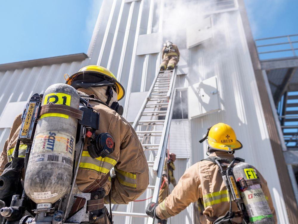 Fire rescue academy training, photo by Aaron Hines, date unknown, location unknown. Original public domain image from Flickr