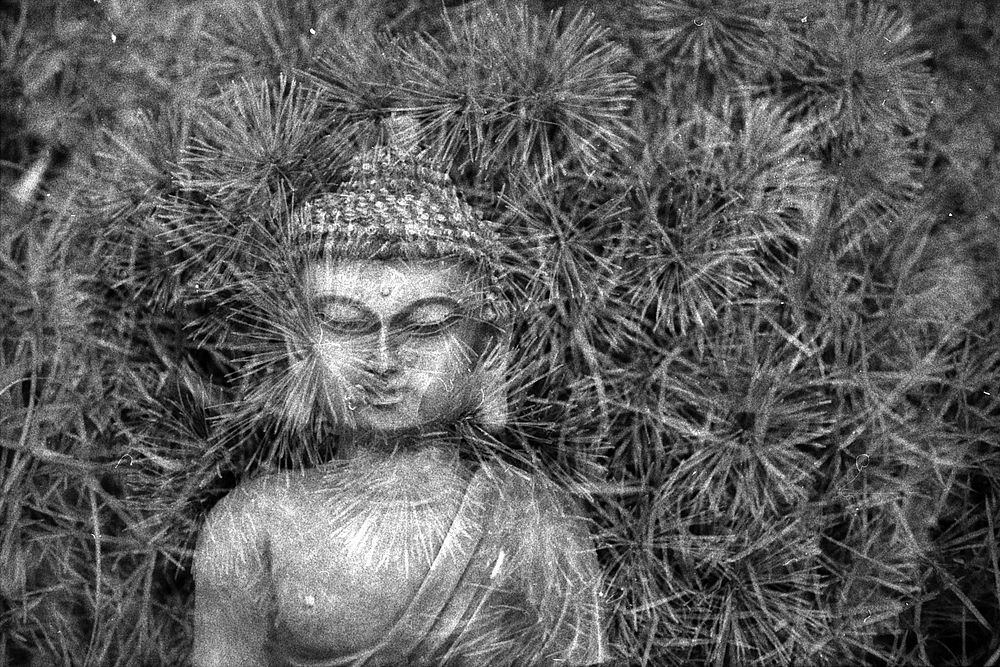 Buddha statue, double exposure film. Original public domain image from Flickr
