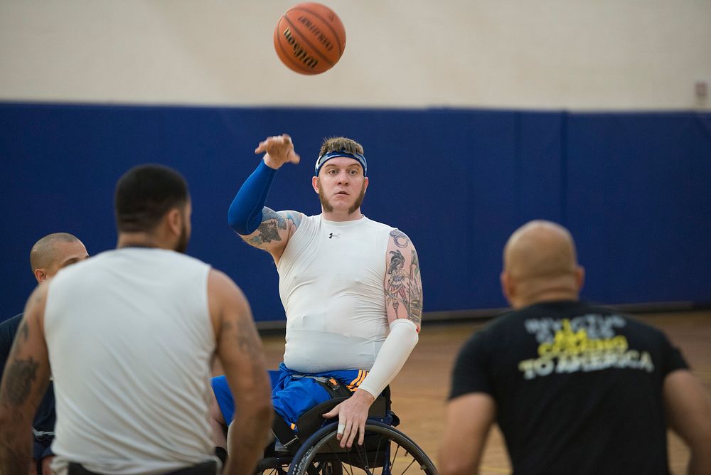 Recovering U.S. service members participate in Wheelchair Basketball training for the 2016 Invictus Games at MacDill Air…