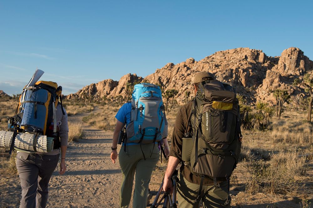 Backpackers walking in Joshua Tree National Park, California