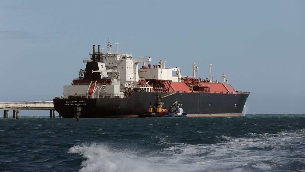 The Catalunya Spirit, an LNG tanker, sits at a pier as Marine interdiction agents with U.S. Customs and Border Protection…
