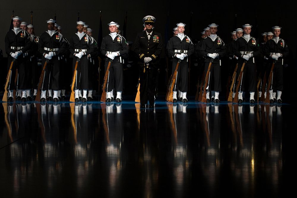 U.S. Navy Ceremonial Guard from the Naval District Washington, D.C. stand in formation for the Armed Forces Full Honor…