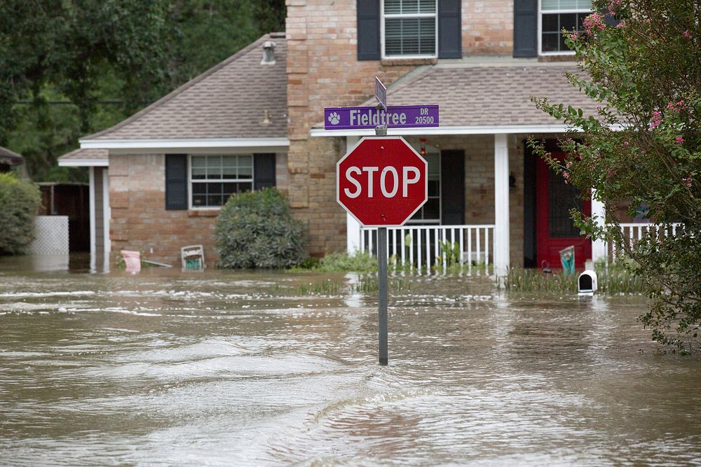 A stop sign stands above a flooded street in a suburb of Houston, Texas, as U.S Border Patrol riverine agents evacuate…