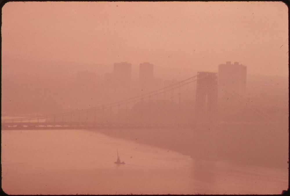 The George Washington Bridge in Heavy Smog. View toward the New Jersey Side of the Hudson River. Original public domain…