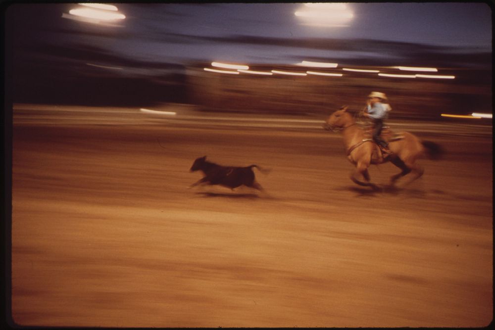 Garfield County Fair. Nighttime Rodeo for 4-H Club Boys, 09/1973. Original public domain image from Flickr