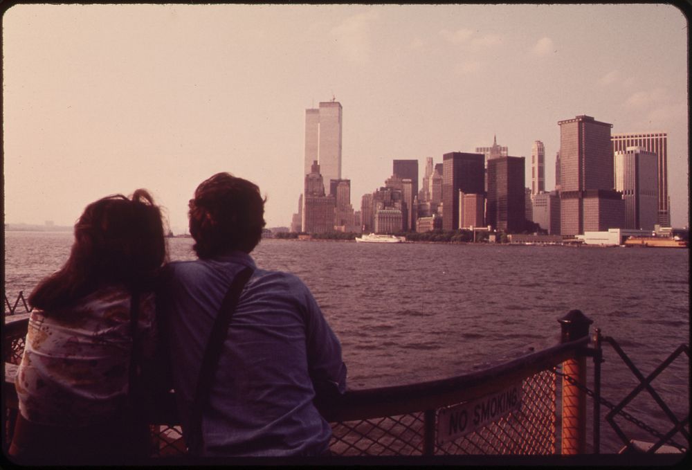 On the Staten Island Ferry, Looking Back Toward the Skyline of Lower Manhattan. To the Left of the Cluster of Buldings Are…
