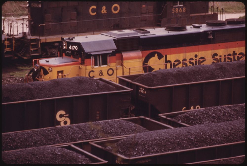 Closeup of a Railroad Engine and Coal Cars Loaded for Shipment to Customers at the Danville, West Virginia, near Charleston…