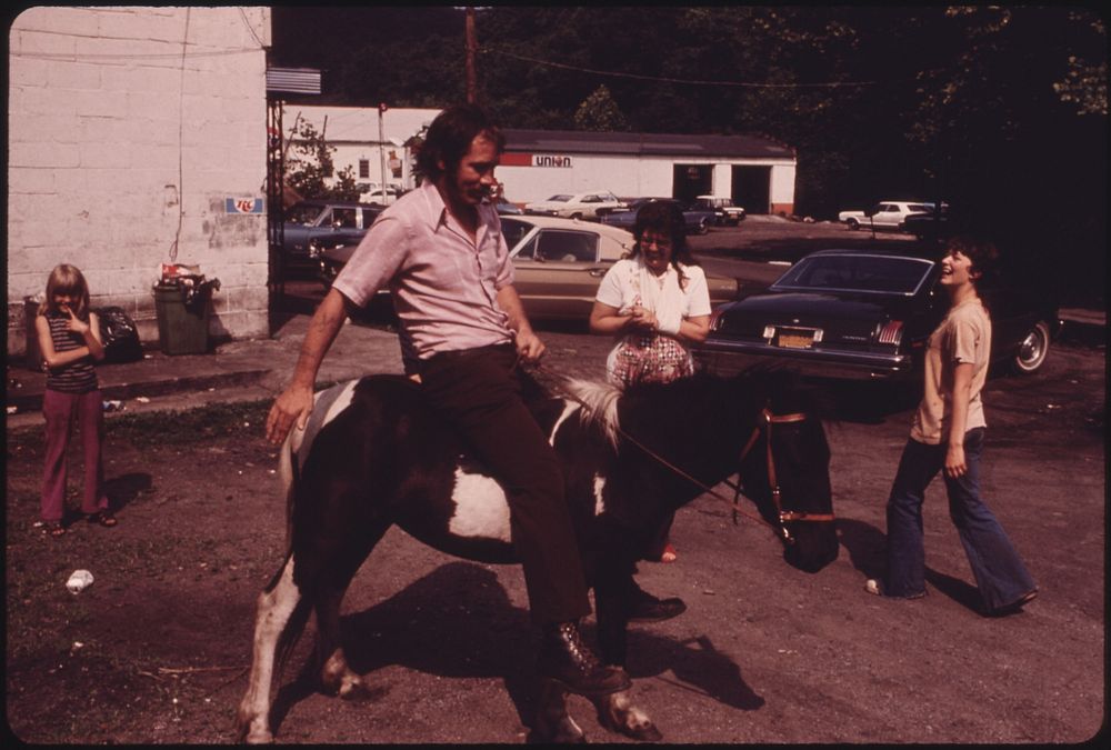A Miner Who Had Completed His Work Shift Is Shown on a Pony Belonging to the Family of the Tavern Operator 06/1974.…