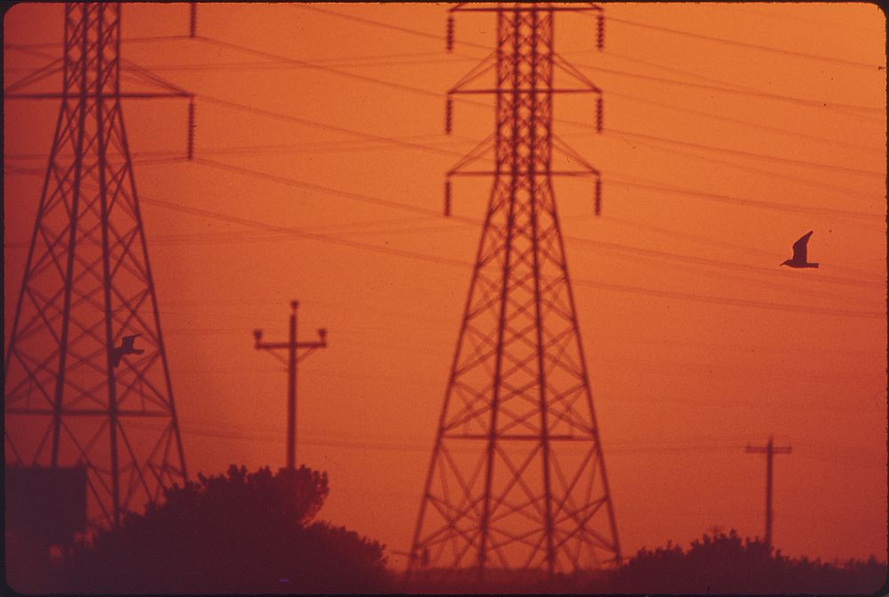 Sunset behind Power Lines in Galveston Bay Industrial Area. Original public domain image from Flickr