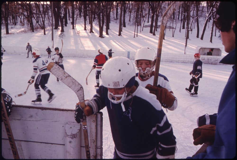 Youngsters Playing Hockey at West Side Park below Hermann Heights in New Ulm, Minnesota.