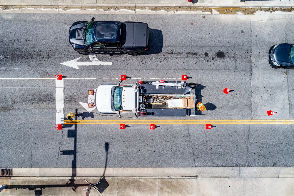 Road repairing, Evans Street in Uptown Greenville, USA