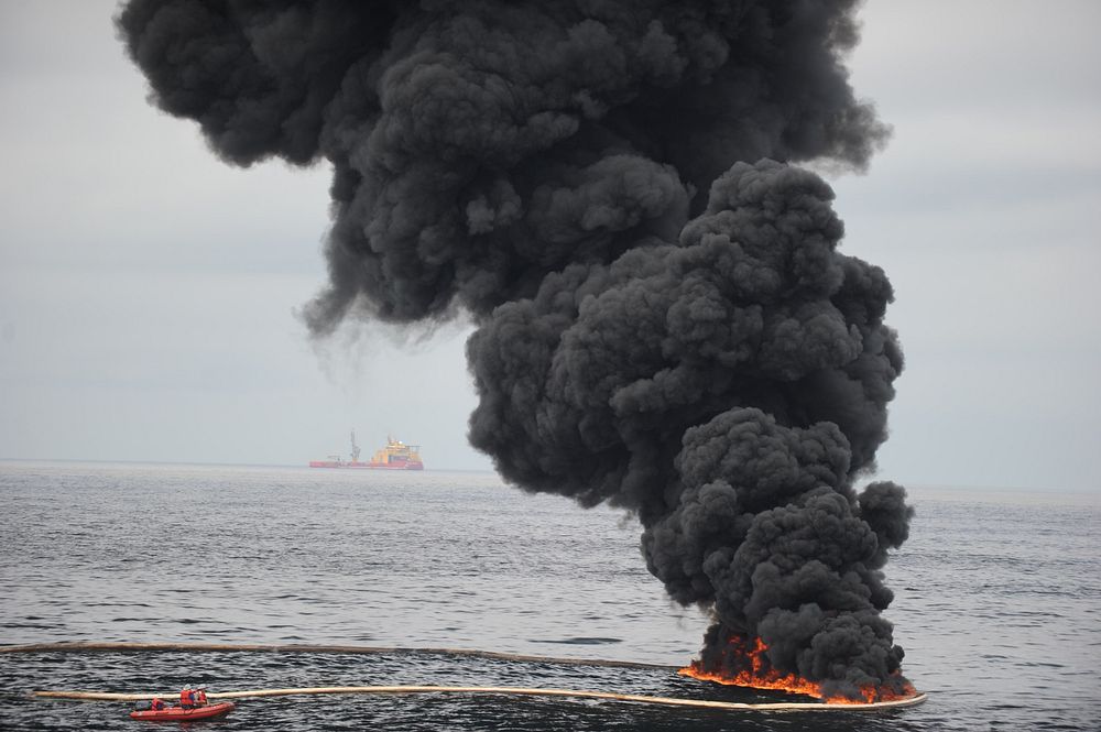Gathered concentrated oil burns during a controlled oil fire May 5, 2010, in the Gulf of Mexico off the coast of Venice, La.…