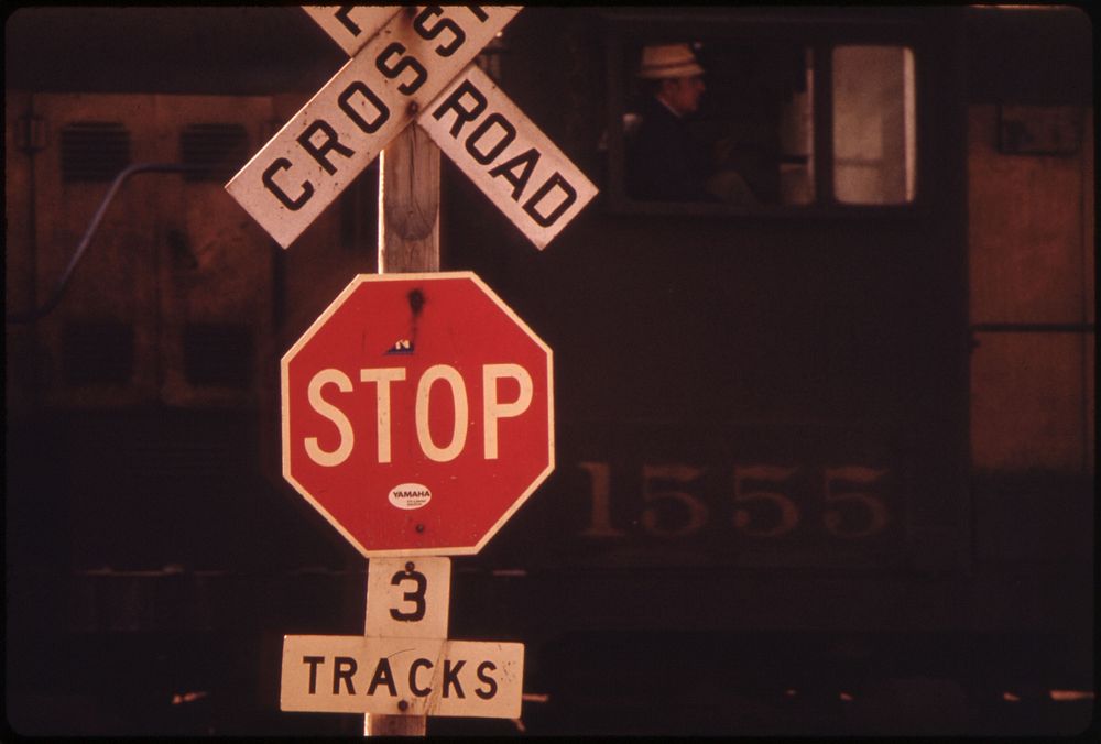 Detail of an Engineer and Engine at a Rail Cross Road in New Ulm, Minnesota.