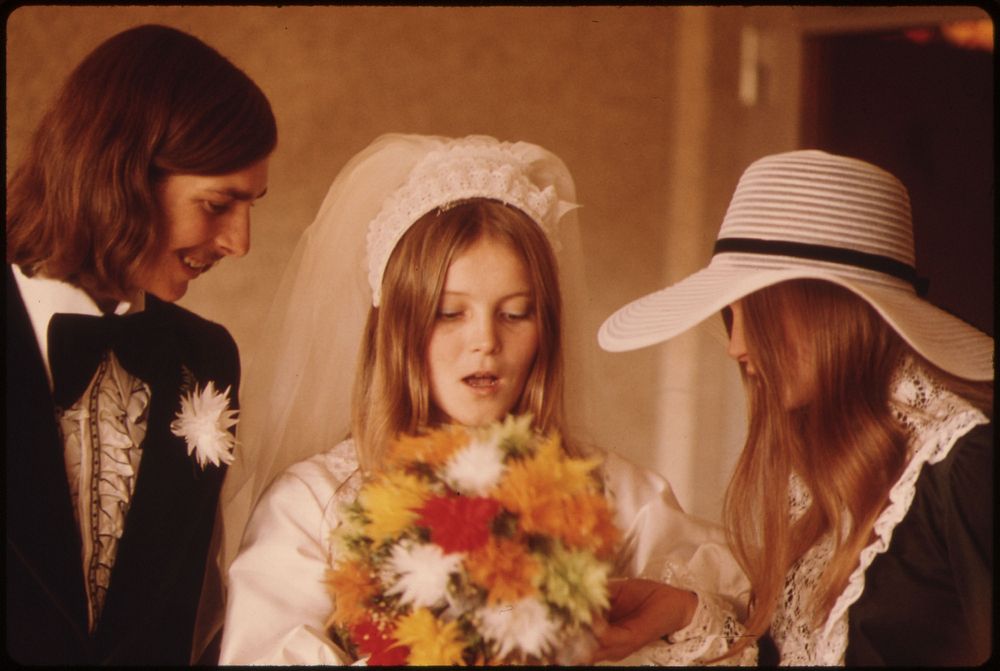 The Bride and Groom and a Member of the Wedding Party with a Bouquet at New Ulm, Minnesota.