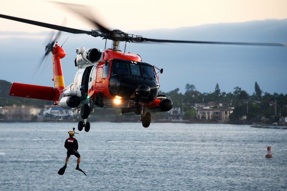 A U.S. Coast Guard Sector San Diego MH-60T Jayhawk helicopter crew conducts a search and rescue demonstration in San Diego…