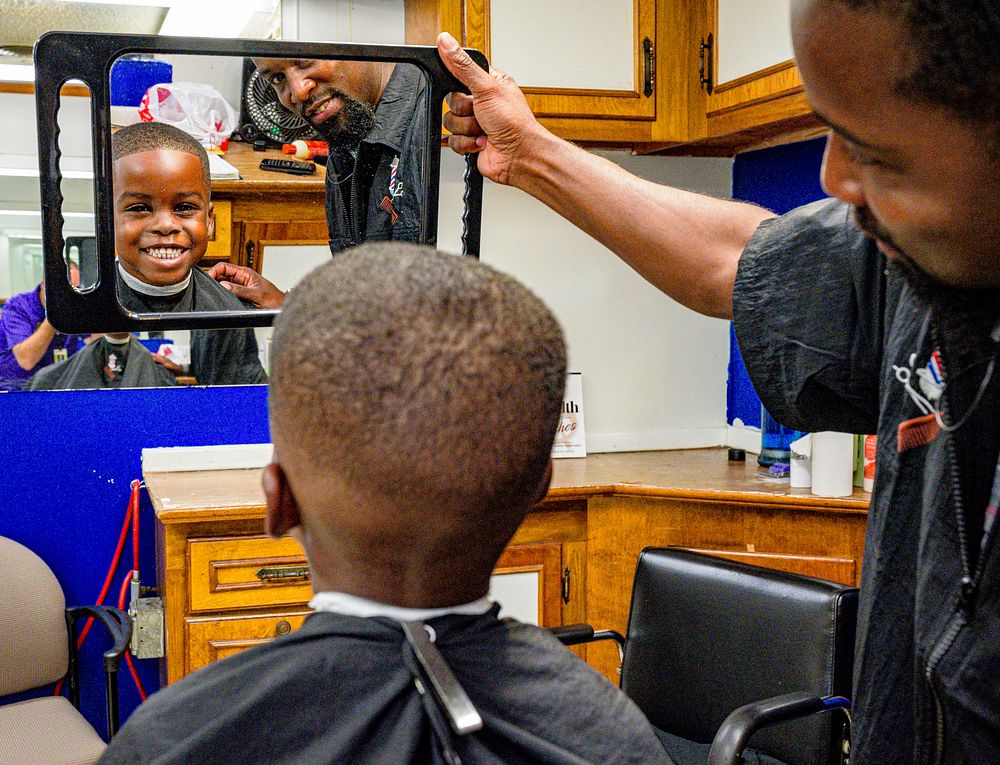 Back to School Cops & Barbers Free Haircut & Backpack Giveaway event, August 21, 2019, North Carolina, USA. Original public…