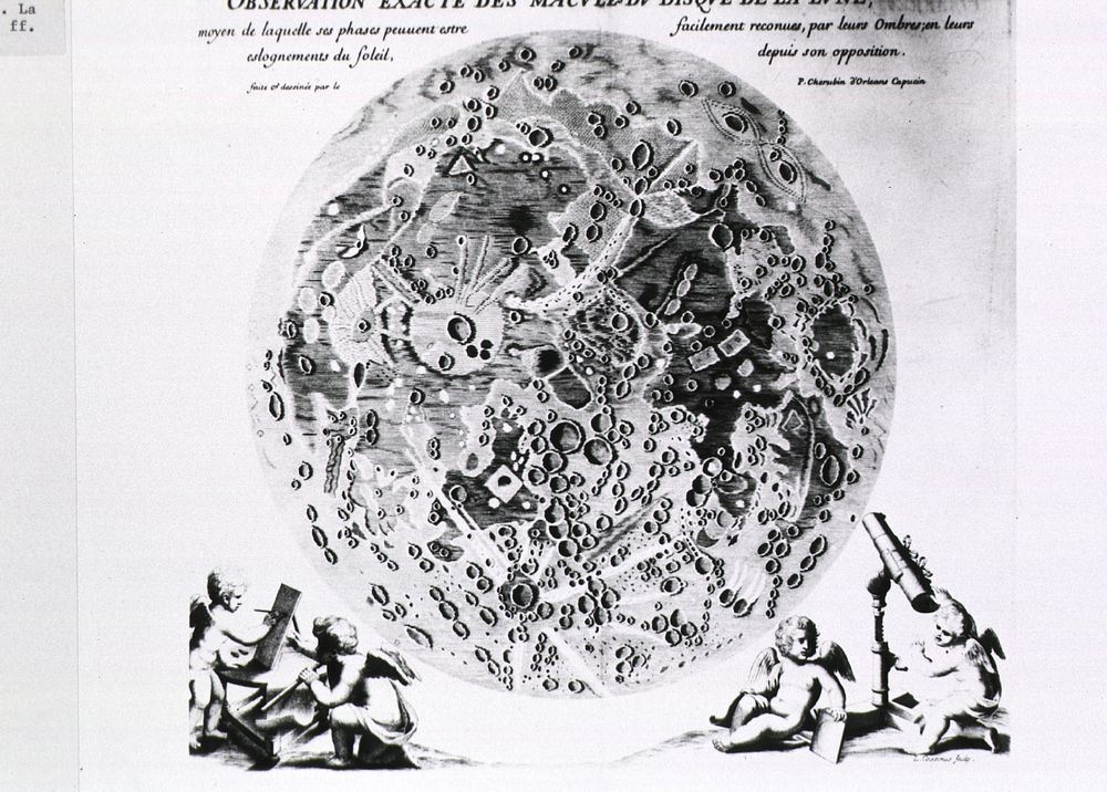 Observation Exacte Des Macules Du Disque De La Lune.  A close-up view of the surface of the moon as seen through a telescope…