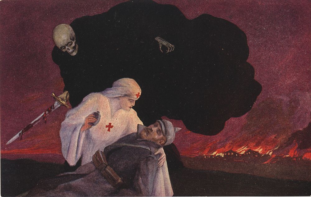 "Kultur" threatens Miss Cavell nursing a wounded enemy.Postcard featuring a color illustration of Edith Cavell in a Red…