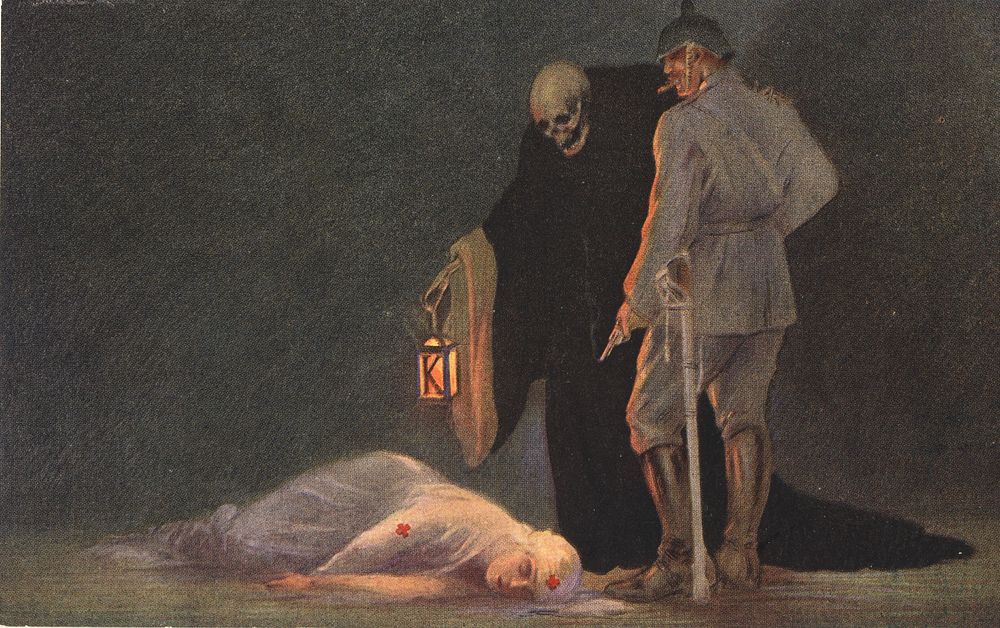 Murder. "Well done," said Kultur. Postcard featuring a color illustration of a skeleton in a black robe and a German soldier…