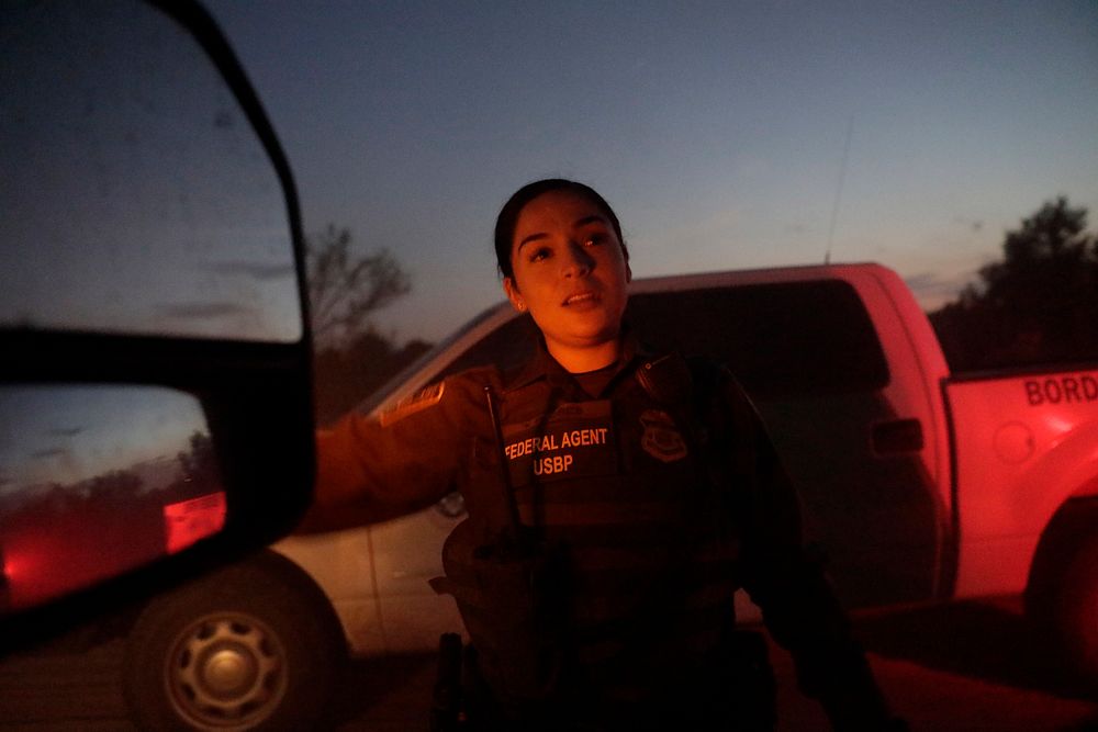 A U.S. Border Patrol agent points in the direction of travel by illegal alien shortly after he arrived on U.S. soli when he…