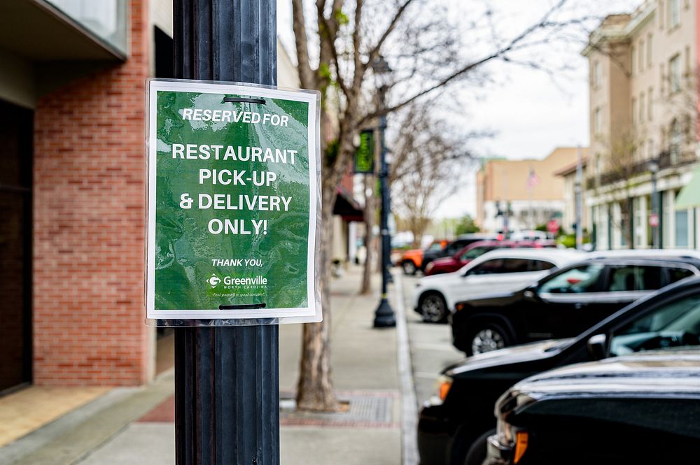 Uptown Greenville's Restaurant Take-Out Parking, March 17, 2020, North Carolina, USA. Original public domain image from…