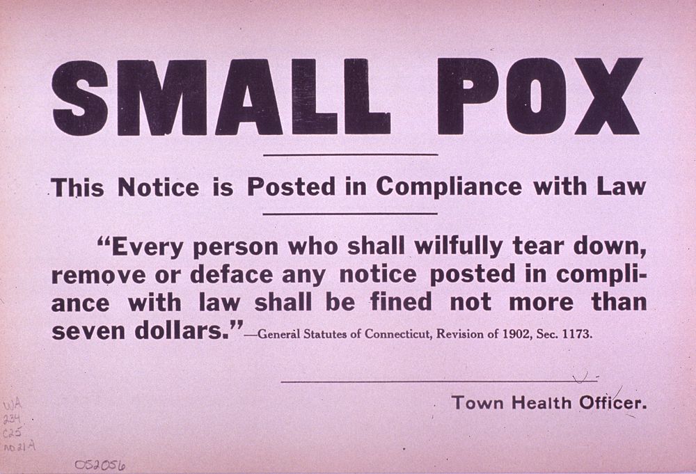 Small Pox: This Notice is Posted in Compliance with Law. Interior view of a room with parrot cages stacked along the…