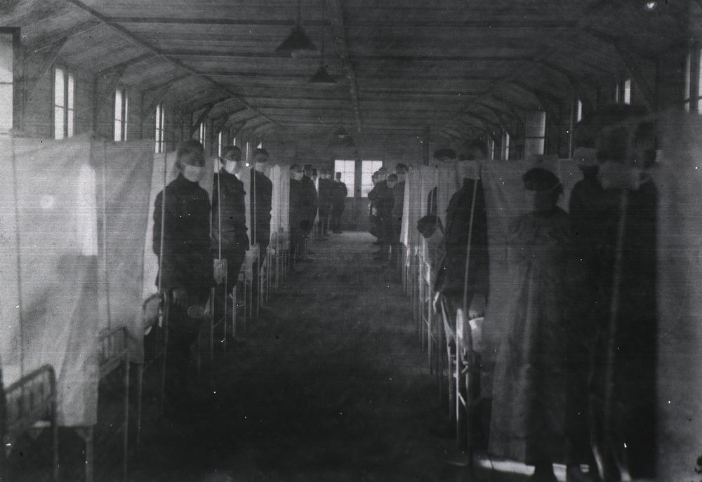 U. S. Army Base Hospital Number 26, Allerey, France: Contagious disease ward showing the partitions between beds. Original…