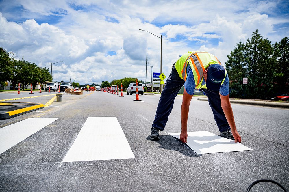 Pedestrian safety improvements were installed along E 10th Street, Greenville, August 13, 2020. Original public domain image…