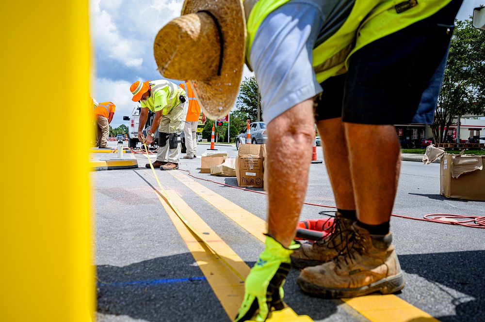 Pedestrian safety improvements were installed along E 10th Street, Greenville,  August 13, 2020. Original public domain…