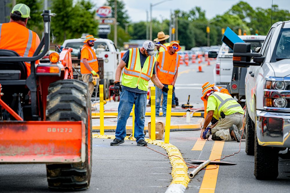 Pedestrian safety improvements were installed along E 10th Street, Greenville, August 13, 2020. Original public domain image…