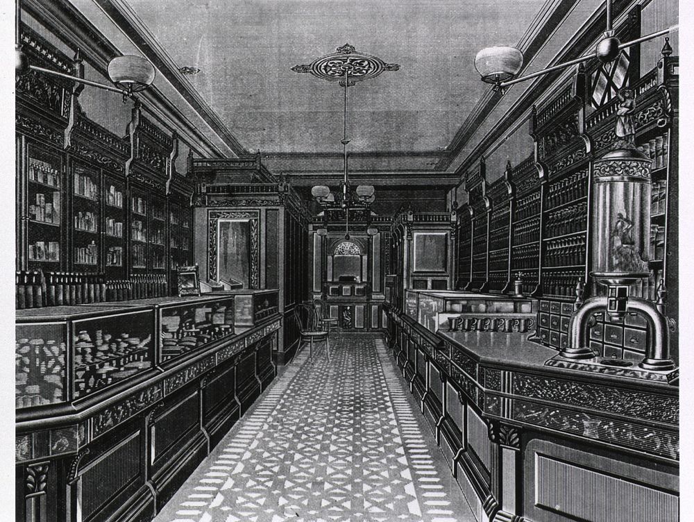 Typical pharmacy of the 1880's. Typical drugstore of the 1880's (advertising Bang's Sectional Store Fixtures). Original…