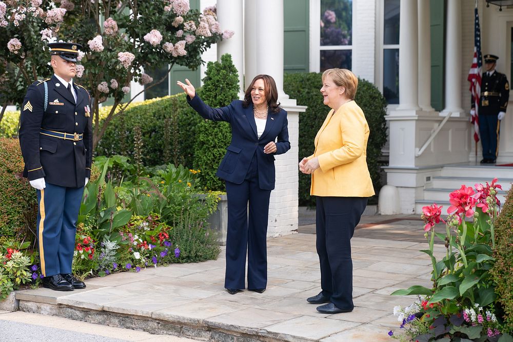 Vice President Kamala Harris greets German Chancellor Angela Merkel Thursday, July 15, 2021, at the Vice President&rsquo;s…