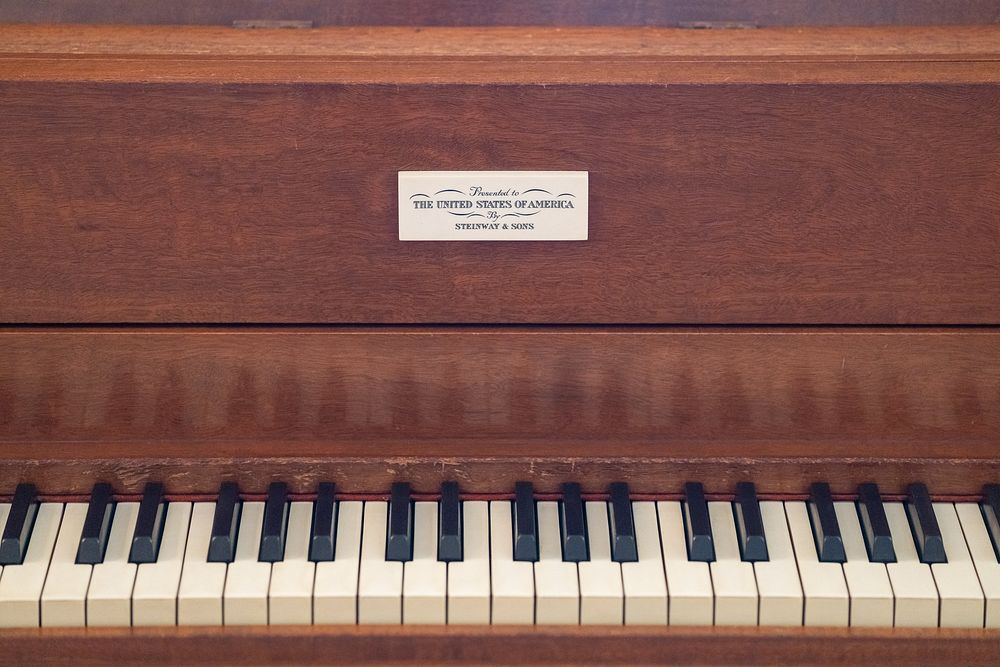 Details of a piano are seen on Tuesday, July 13, 2021, in the Cross Hall of the White House.