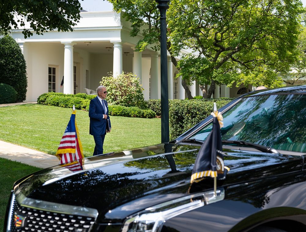 President Joe Biden walks from the Oval Office of the White House to the Presidential limousine on the South Lawn driveway…